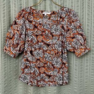 Chico's Orange, Black & White Floral Puff-Sleeve Top